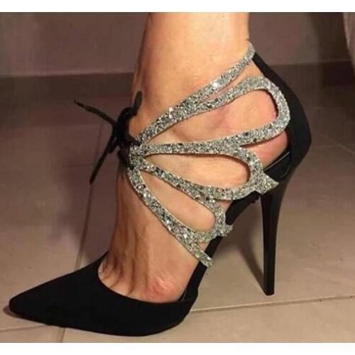 Moraima Snc Summer Shoes Woman Pumps High Thin Heels Pointed Toes Rhinestone Butterfly Bling Gladiator Pumps Party Sexy Shoes