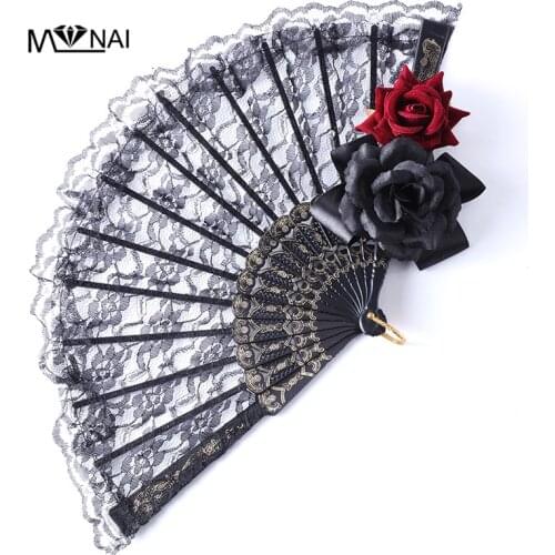 Vintage Lolita Victorian Gothic Women Lace Hand Fan Black Red Rose Gothic Fans For Party Halloween