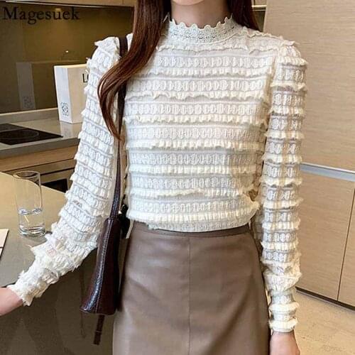 Korean Stand Collar Ruffle Vintage Shirt Autumn Winter Pleated Lace Blouse New Long Sleeve Women Elegant Woman Top Blusas 16581