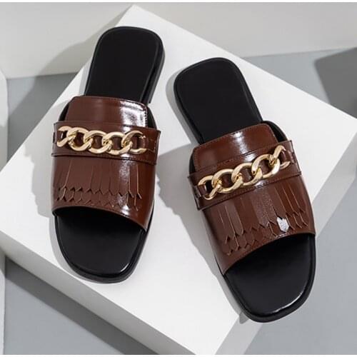 2021 Summer Womens Flat Sandals Chain Fringe PU Leather Solid Elegant Ladies Shoes Comfortable Classics Women Footwear Fashion