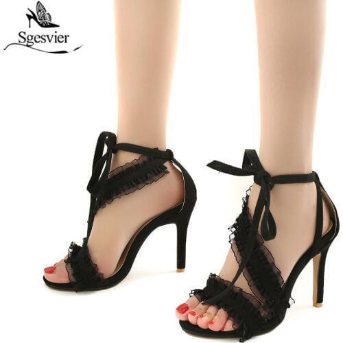 Sgesvier 2019 Sexy Women Open Toe Lace up Heels Sandals Woman sandals Thin with Women Shoes women High heel Plus size 32-46 G433