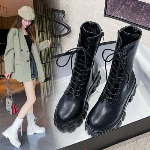 Women Motorcycle Boots Wedges Flat Shoes Woman High Heel Platform PU Leather Boots Lace Up Women Shoes Black Boots Girls