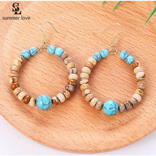 Ethnic Vintage Natural Stone Beads Statement Earrings for Women 2019 New Big Circle Round Drop Earring Fashion Jewelry Wholesale