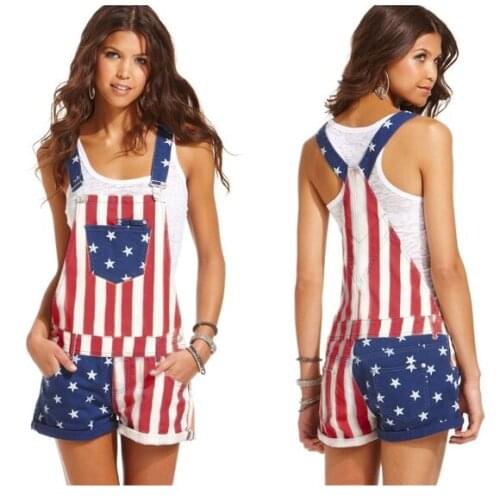 Female Denim Overalls Color Block Stripe & Star Print Flag Style Fashion Casual Wild Fitting Playsuit Rompers with Pockets