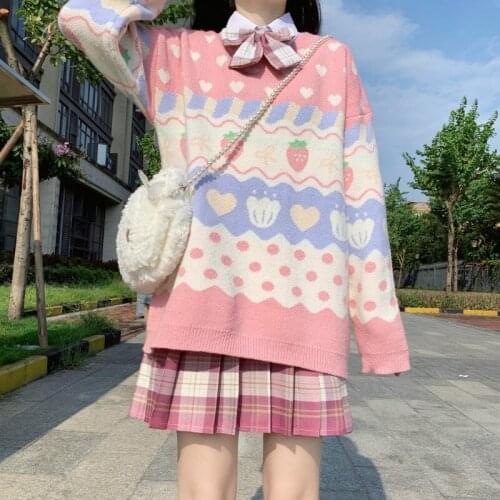 Bella 2021 Women Cute Strawberry Printing Long Sleeve Pullover Autumn Vintage Pink Knitting Top Japanese Kawaii Knitting Sweater
