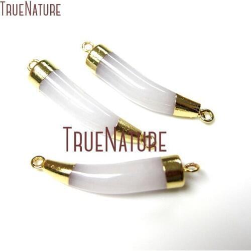 10Pcs Latest Gold Plating Horn Tusk Double Bail Pendant White Jades Connector 33x7mm PC31