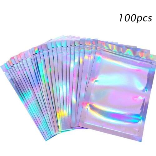 100pcs Translucent Holographic Rainbow Film Sealed Bag Earrings Ring Jewelry Phone Case Cosmetic Storage Reusable Zip Lock Bag