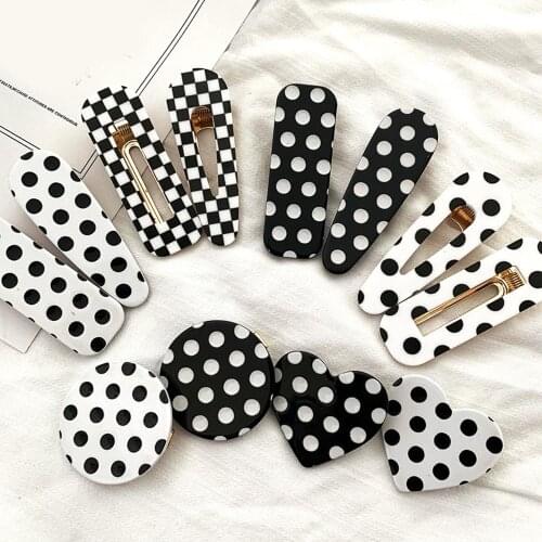 12 Style Korean Vintage Women Girls Geometric Hair Clip Black White Polka Dot Print Acrylic Duckbill Hairpin Side Bangs Styling