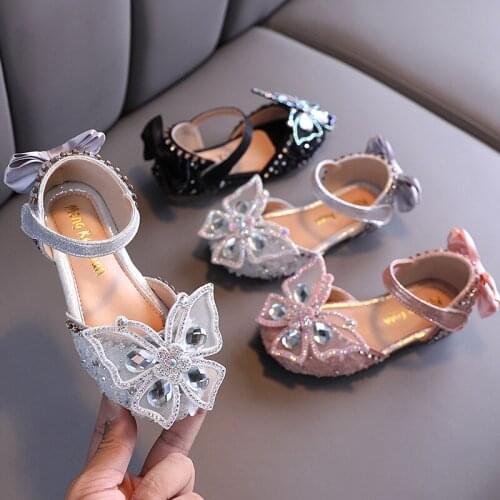 2021 Summer Kids Girls Leather Shoes with Bow Bling Rhinestone Student Sandals Soft Bottom Children Princess Shoes SHF013