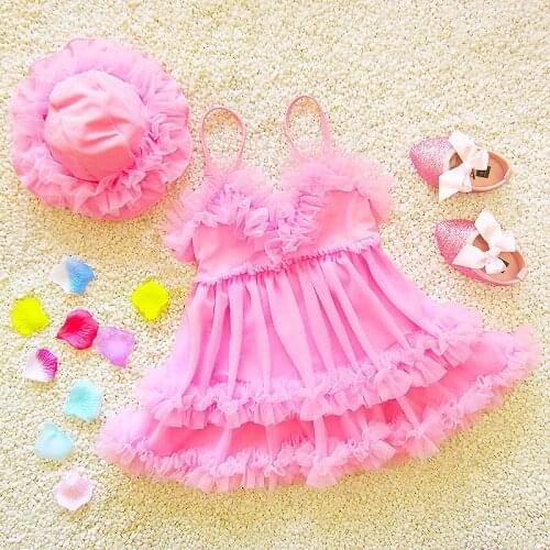 2021 Cute Baby Girls Bathing Suits Skirt Mesh Toddler Swimsuits Sport Beach Summer Kids Clothes Cap Outdoor Children Swimwear