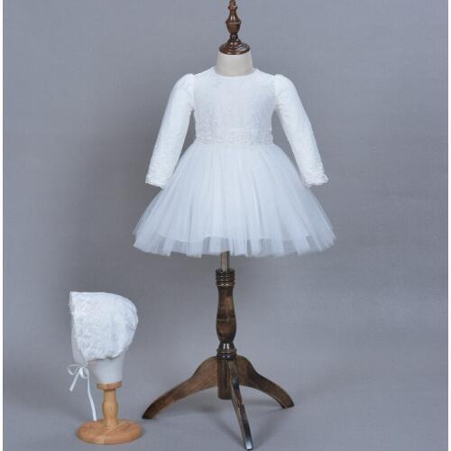 White Baby Girl 1 Year Old Brithday Dress With Hat Princess Formal Wedding Clothes 2016 Summer New Baptism Clothes