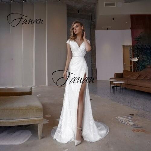 Glittery V-Neck Mermaid Wedding Dress Side High Slit Beading Crystal Sequined Backless Tulle Bridal Gown Свадебное платье