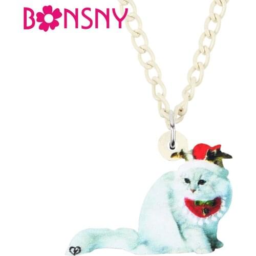 Bonsny Acrylic Christmas Hat Antlers Chinchilla Cat Necklace Pendant Chin Animal Jewelry For Women Girl Teen Kids Gift Accessory