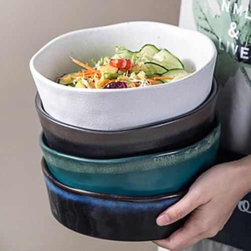 FANCITY Large soup bowl ceramic single household large Japanese creative restaurant fruit and vegetable salad bowl-shaped