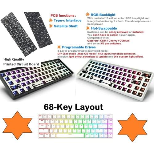 GK68X RGB Hot Swap Custom DIY Wired Kit Replaces for 60% Keyboard Mechanical Keyboard Hot Swap Custom DIY Set