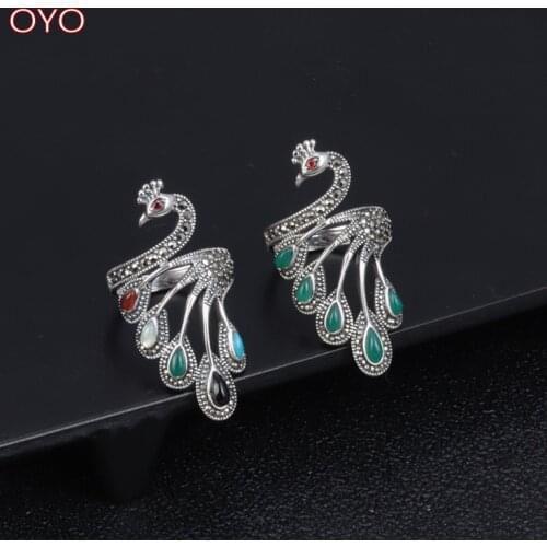 Real s925 sterling silver peacock ring vintage colorful chalcedony stone index finger ring female