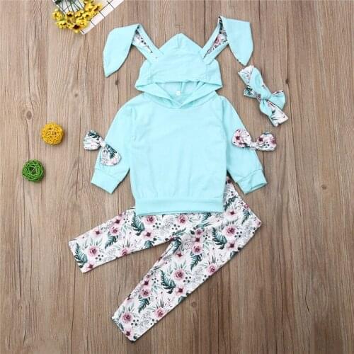 3pcs Baby Girls Clothes Set Autumn Newborn Outfit Long Sleeve Bunny Ear Hooded Sweatshirt Girls Coats Floral Long Pants Baby Set