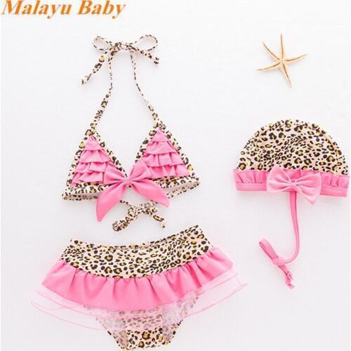 Malayu Baby Girls Clothing Swimsuit 3-Pieces Bowknot Leopard Print Ruffle Childrens Bikini Set 2-6 Years Old Girls Costume