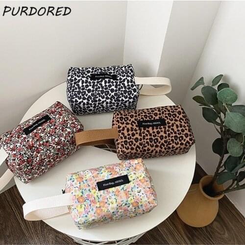 PURDORED 1 Pc Fashion Women Leopard Cosmetic Bag Corduroy Zipper Travel Makeup Bag Toiletry Bag Makeup Organizer with Wrist Band