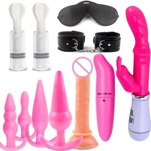 11pcs Adult Sex Toys Kit anal plug Dildo Vibrator Handcuffs Nipples Clamps Blindfold BDSM Bondage Sex Toys For Couples Games
