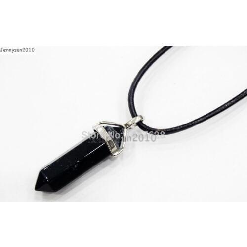 Natural Black Onyx Gems Stones Hexagonal Pointed Healing Reiki Chakra Pendant Black Leather Cord Necklace18''lnch 5 Sets/Pack