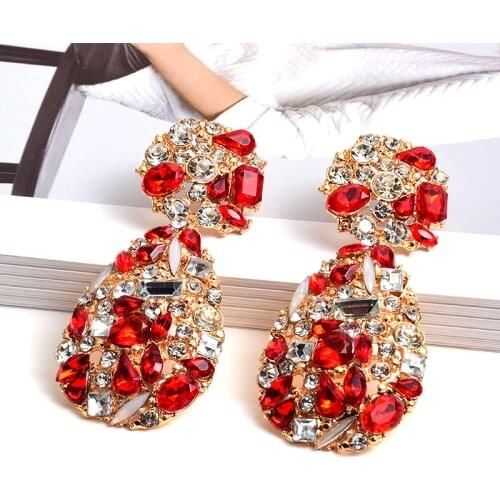 New Womens Fashion Crystal Drop Earrings Vintage Rhinestone Red Glass Ear Earrings For Girl Elegant Jewelry Bijoux
