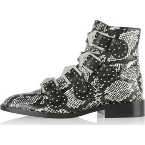 New hot runway snake black genuine leather boats rivet buckle strap low heel ankle boots for women motorcycle booties punk style