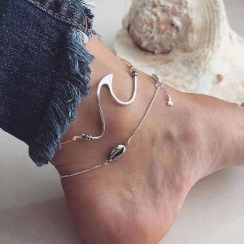Lacoogh 2pcs/sets Beach Bohemia Ankle Bracelet leg bracelet Ankle Simple Wave Shell Shape Chain Jewelry Women Men Summer