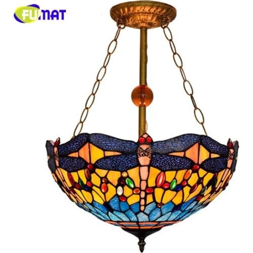 FUMAT Pendant Lamp Tiffany Stained Glass Handmade Shade LED Pendent Light Dragonfly Grape Hanging Ceiling Lighting Fixture Light