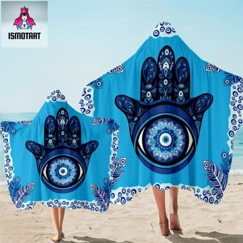 Evil Eye Hamsa by Ismot Esha Hooded Towel Mandala Bath Towel With Hood Hand Wearable Beach Wrap Peacock Feather Summer Blanket