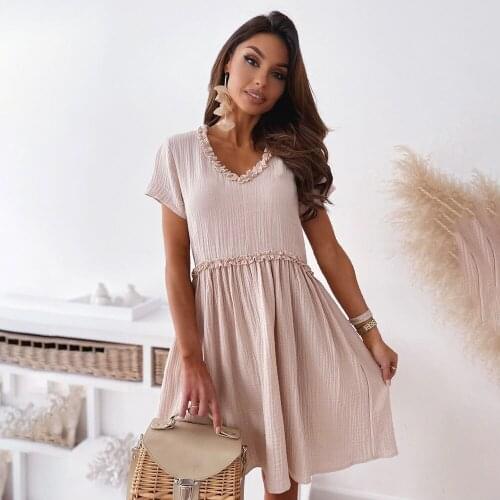 Casual Ruffles Solid Mini Dress Woman Summer Fashion Short Sleeve V-neck Dresses For Women 2021 Black Slim A-line Robe Femme