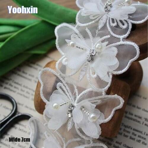 7CM Wide Luxury beads cotton White Embroidery Lace Fabric DIY applique collar trim ribbon Sewing guipure wedding dress