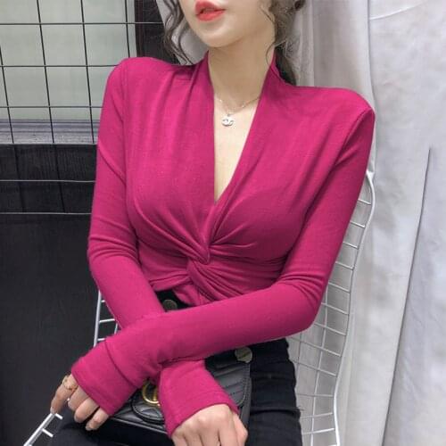 New Spring Sexy V-neck Cross Kink Shirt Cotton Long-sleeved T-shirt Womens Bottoming Shirt Female Slim Tops NS1881