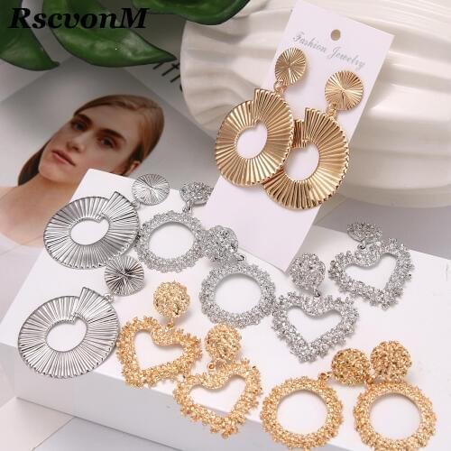 Gold Geometric Dangle Earrings For Women New Design Round Heart Hollow Drop Earring Brincos Metal Statement Vintage Jewelry