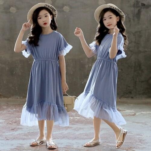 Girls Loose Dress Summer Children Cotton Mesh Stitching Dress 2021 New Kids T-shirt Dress Kids Sweatshirts Dress