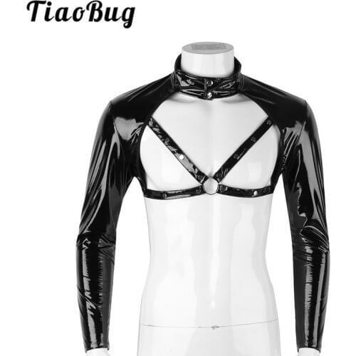 TiaoBug Mens Wetlook Faux Leather Stand Collar Studded Muscle Bondage Half Crop Top Clubwear Stage Costume Hot Sexy Men Harness
