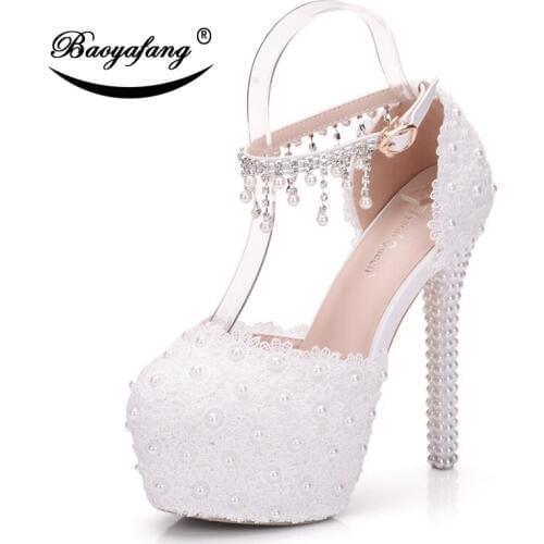 BaoYaFang 14cm Super Heels shoes Woman ankle strap Buckle shoes Sweet White Lace Wedding shoes Party heels dress shoe