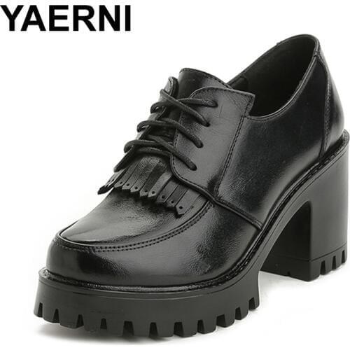YAERNI 2019 Spring Autumn Genuine Leather Women Pumps British Style Lace Up Platform Thick High Heel Shoes Women Tassel Shoes