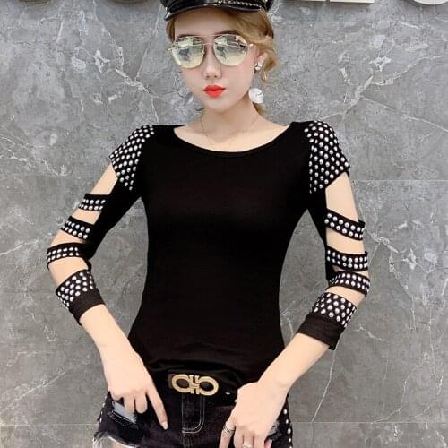 Female Tshirt 2021 New Sexy Mesh Shirt Hot Diamond Slim Long Sleeve T Shirt Women Plus Size Mesh Top Woman Tops Korean Clothes