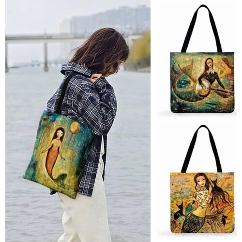 Ladies Shoulder Bag Classical Mermaid Oil Painting Print Tote Bag For Women Casual Tote Fashion Beach Tote Outdoor Shopping Bag