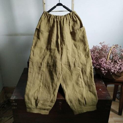 Women Loose Linen Solid Color Elastic Waist Pants Ladies Flax Vintage Trousers Female 2020 Autumn Spring Pants