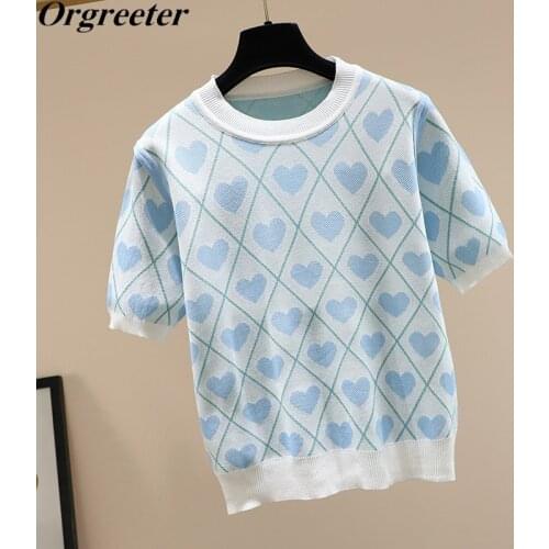 Fashion Womens Knitwear Tops 2021 Summer New O-neck Short Sleeve Love pattern jacquard Blue Pullover Tops Jumpers Sweater