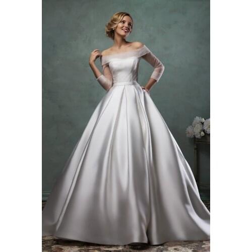 Custom Made boat neck Ball Satin Elegant bridal Gown vestido de noiva 2018 New Design Free Shipping mother of the bride dresses