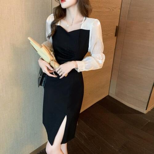 Long Sleeve Patchwork Square Collar Folds Slim Split Fork Mini Dress Women Autumn Fashion High Street Party Dresses Female
