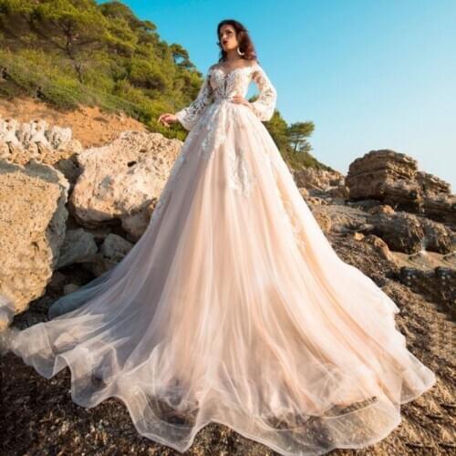 Thinyfull Wedding Dresses O Neck A Line Long Puffy Sleeve Bride Dresses Tulle Lace Appliques Vestido De Novia 2020