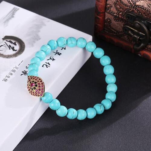 2019 High Grade 8mm Natural Green Pine Stone Beads Bangle Charm Micro Inset Red Zircon Eyes Unisex Fashion Elastic Bracelet