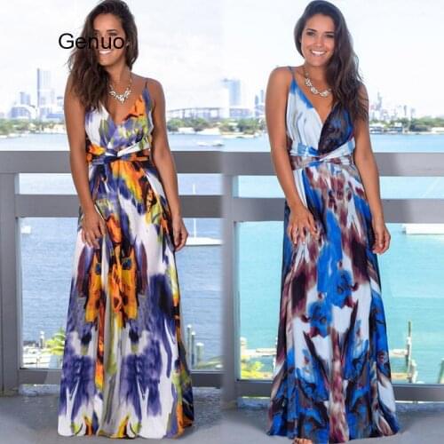 2020 New Spring Summer Women Boho Floral Printed Dress Fashion Ladies Sleeveless Party Evening Long Maxi Dress V-neck Vestidos