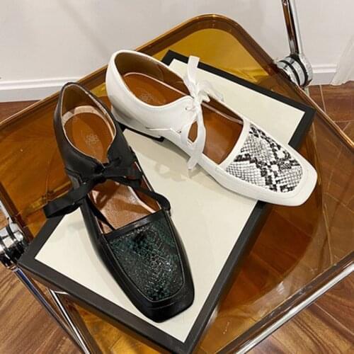 2021 Brand Snake pattern mary jane shoes women oxford square toe low heels loafers lace up serpentine flats woman plus size34-45