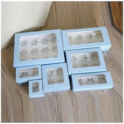 30pcs Wholesale Paper Cake Box Blue/Brown Kraft Paper Box 1/2/3/4/6 Hole Cupcake Packaging Box Wedding Birthday Party Box Carton