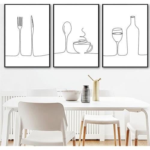 Abstract Coffee Wine Print Poster Line Drawing Canvas Painting Black White Wall Art Posters Pictures Living Room Kitchen Decor